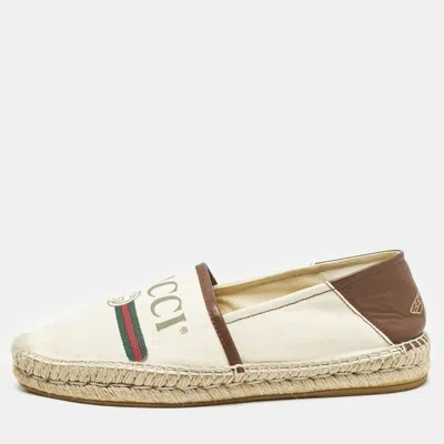 Pre-owned Gucci Cream/dark Brown Canvas And Leather Logo Slip On Espadrille Flats Size 39