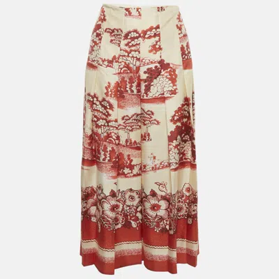 Pre-owned Gucci Cream/red Floral Print Silk Pleated Midi Skirt M In White