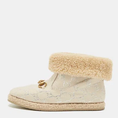 Pre-owned Gucci Cream/silver Canvas And Shearling Fria Horsebit Ankle Boots Size 38