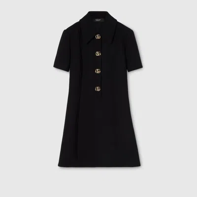 Gucci Crepe Wool Dress With Double G Button In Black