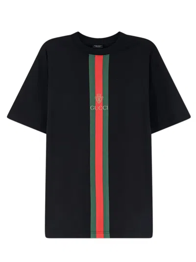 Gucci Crest Cotton T-shirt With Web Ribbon Detail, Regular Fit In Nero