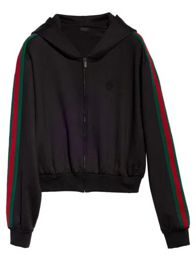 Gucci Crest Embroidered Fixed-hood Sweatshirt With Web Insert, Dropped Shoulders & Rib Trim (mini) In Black