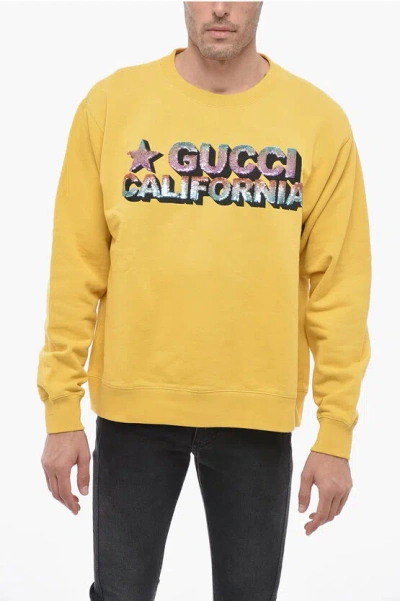 Gucci Crew Neck California Sweatshirt With Sequined Embroidery In Yellow