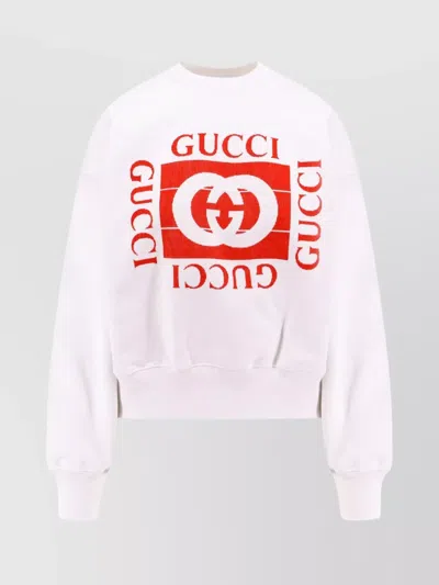 Gucci Crew-neck Cotton Sweatshirt With Frontal Flocked Logo In White