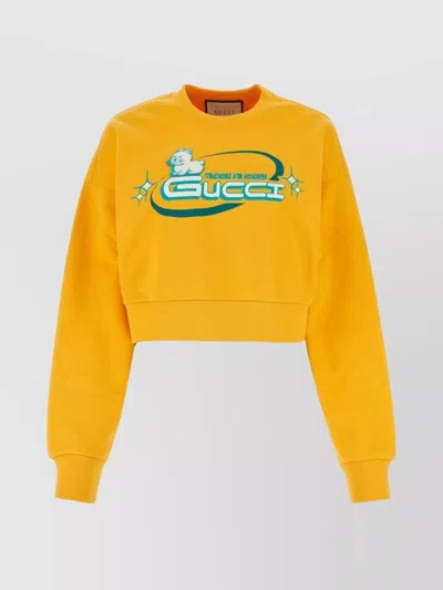 Gucci Crew Neck Cropped Sweatshirt With Graphic Print In Yellow