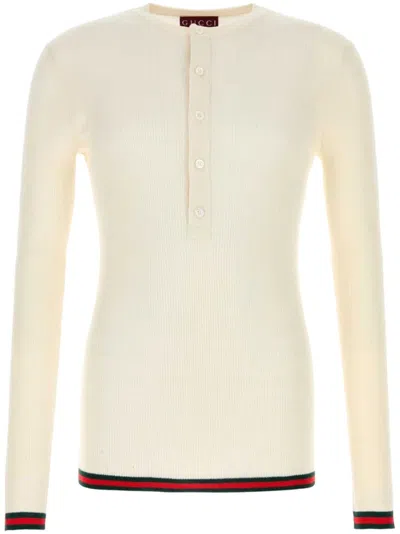 Gucci White Long Sleeved Top In Rib Silk Man In Multicolor