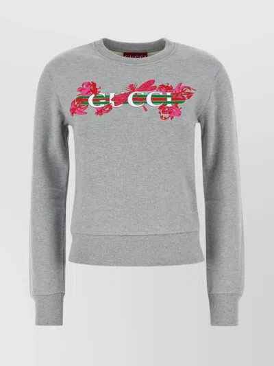 Gucci Crew Neck Sweatshirt Floral Detail In Gray