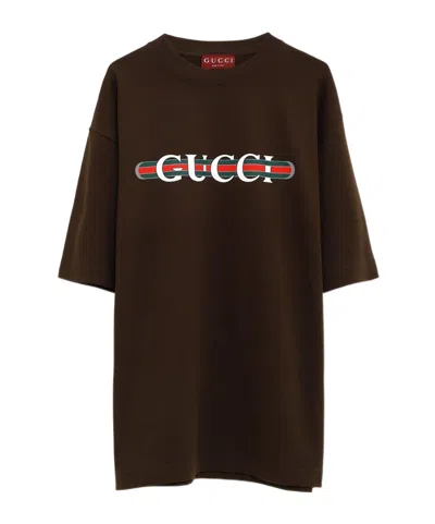 Gucci T-shirt Mit Logo-print In Brown