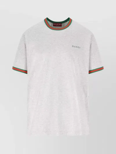 Gucci Crew Neck T-shirt Featuring Web Ribbon In Gray