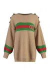 Gucci Boat Neck Wool Top With Web Detail In Brown