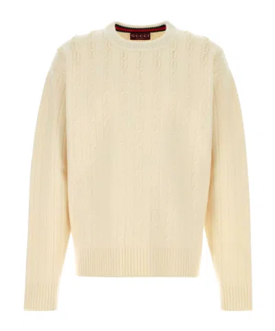 Gucci Long Sleeve Cable Knit Crew Neck Sweater In Nude