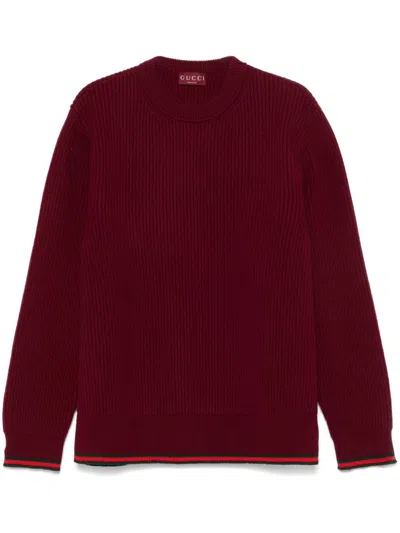 Gucci Red Crewneck Sweater With Web Detail In Ribbed Wool Blend Man In Multicolor