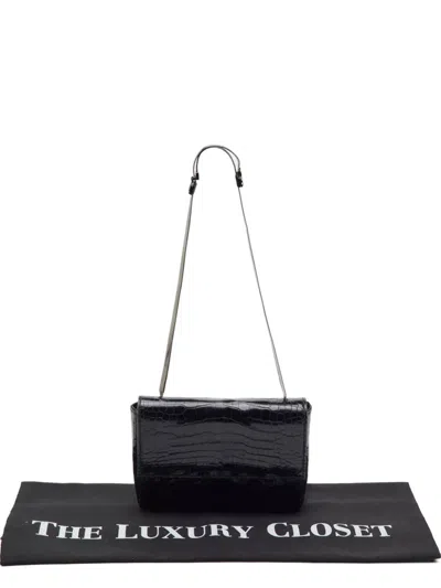 Pre-owned Gucci Croc-embossed Flap Shoulder Bag In Black