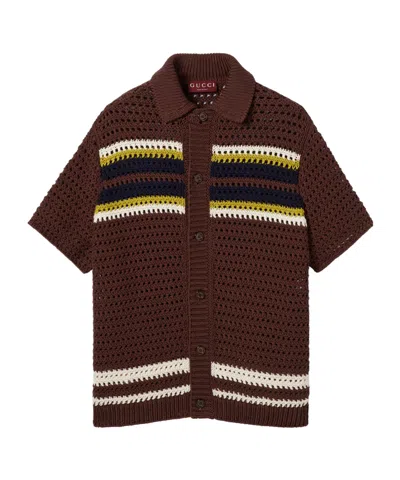 Gucci Crochet Cotton Knit Polo Shirt With Stripes In Brown