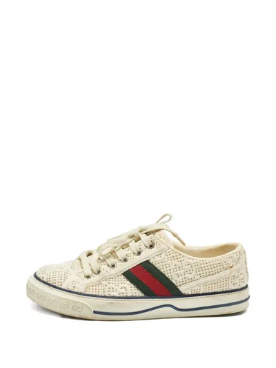 Pre-owned Gucci Crochet-detail Lace-up Sneakers In Neutral