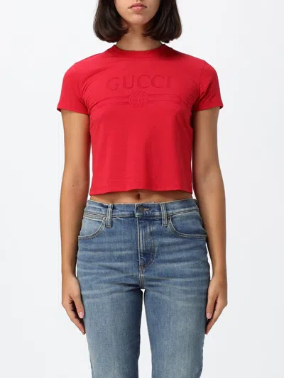 Gucci Cropped Cotton Logo T-shirt With Slim Fit In Red
