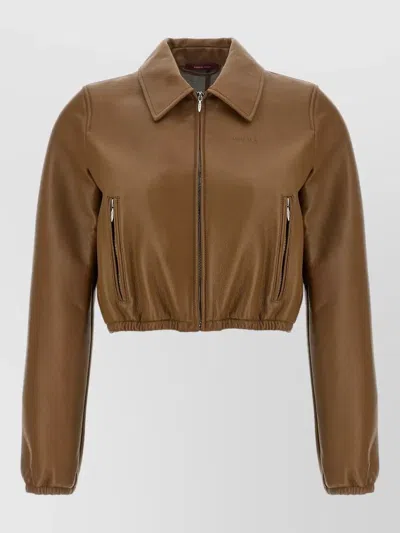 Gucci Cropped Leather Jacket Jersey Panels In Brown