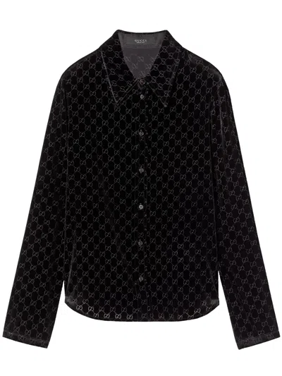 Gucci Signature Gg Velvet Long Sleeve Shirt In Black