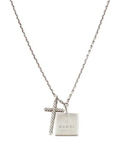 Pre-owned Gucci Cross & Square Logo Charm Necklace, 19" In Multi