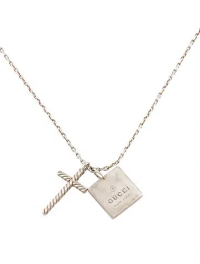 Pre-owned Gucci Cross & Square Logo Charm Necklace, 19" In Multi