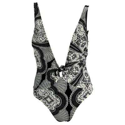 Pre-owned Gucci Cruise 2004  By Tom Ford Black Bandana Print One Piece Thong Swimsuit M