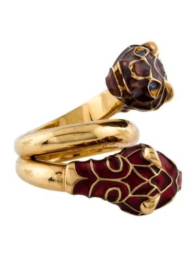Pre-owned Gucci Crystal & Enamel Double Tiger Head Cocktail Ring In Multi