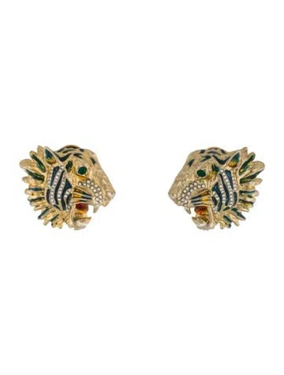 Pre-owned Gucci Crystal & Enamel Rajah Tiger Head Stud Earrings