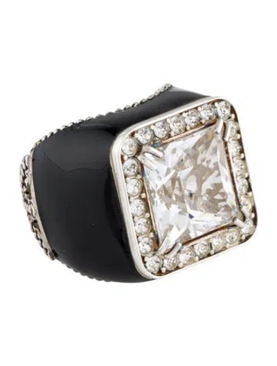 Pre-owned Gucci Crystal & Enamel Signet Ring In Black