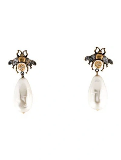 Pre-owned Gucci Crystal & Faux Pearl Bee Drop Earrings In White
