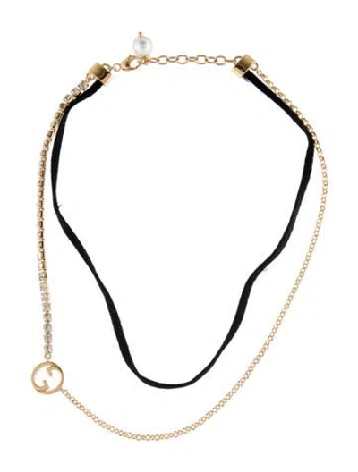 Pre-owned Gucci Crystal & Faux Pearl Double Strand Choker, 16" In Multi