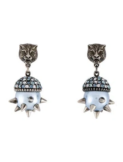 Pre-owned Gucci Crystal & Faux Pearl Feline Spike Drop Earrings In Blue/clear