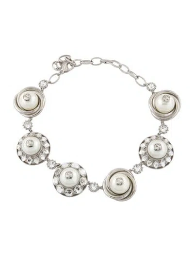 Pre-owned Gucci Crystal & Faux Pearl Gg Collar Necklace, 17.5" In Multi