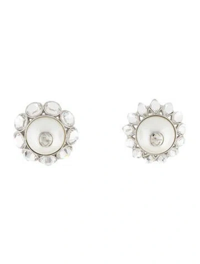 Pre-owned Gucci Crystal & Faux Pearl Interlocking G Clip-on Earrings In Multi