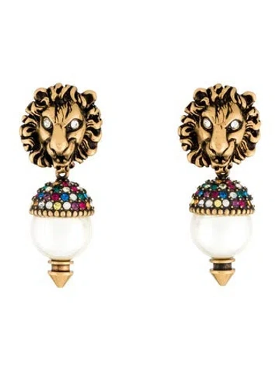 Pre-owned Gucci Crystal & Faux Pearl Lion Drop Earrings In Multi