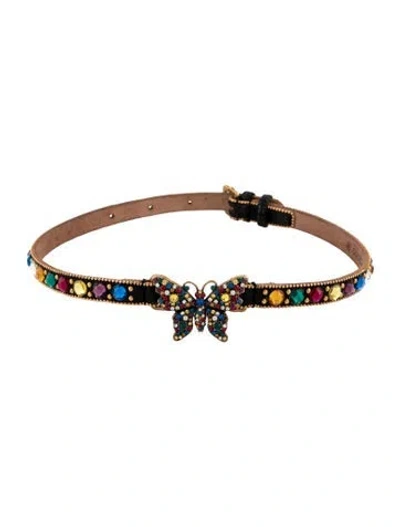 Pre-owned Gucci Crystal & Leather Butterfly Choker Necklace, 16" In Multicolor