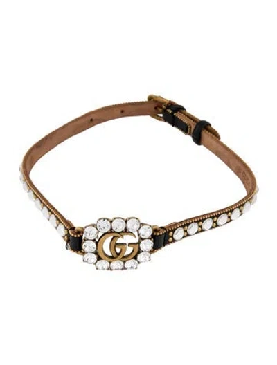 Pre-owned Gucci Crystal & Leather Double G Choker, 15.5" In Black