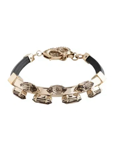 Pre-owned Gucci Crystal & Leather Gg Bracelet, 7.25" In Black