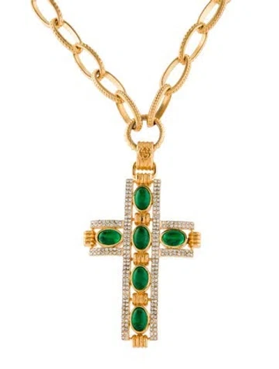 Pre-owned Gucci Crystal & Resin Cross Pendant Necklace, 19.5" In Green