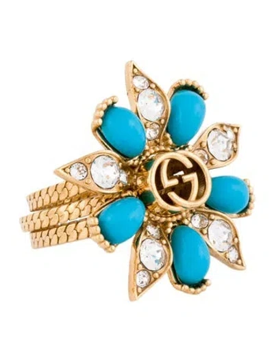 Pre-owned Gucci Crystal & Resin Interlocking 'g' Flower Ring In Multi