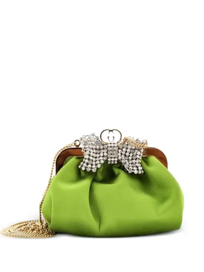 Pre-owned Gucci Crystal Bow Chain Satin Clutch Bag In Green