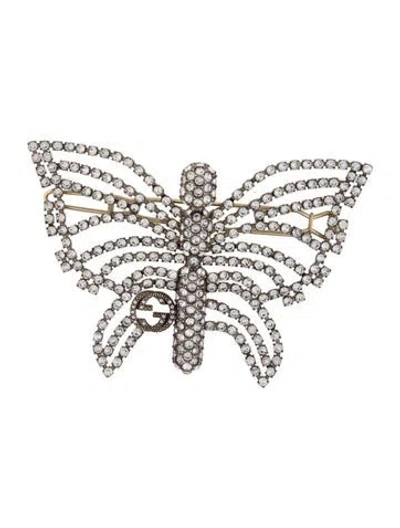 Pre-owned Gucci Crystal Butterfly Hair Clip In Silver