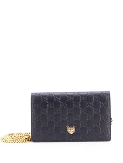 Pre-owned Gucci Crystal Cat Wallet On Chain Ssima Leather Crossbody Bag In Black