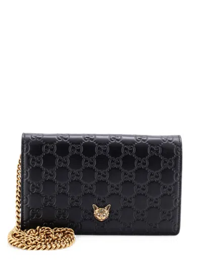 Pre-owned Gucci Crystal Cat Wallet On Chain Ssima Leather Crossbody Bag In Black