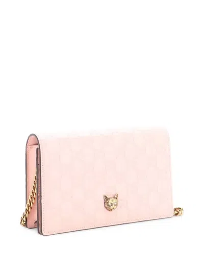Pre-owned Gucci Crystal Cat Wallet On Chain Ssima Leather Crossbody Bag In Pink