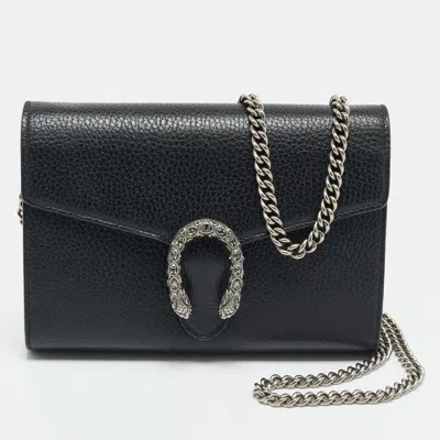 Pre-owned Gucci Crystal Dionysus Black Leather Wallet On Chain