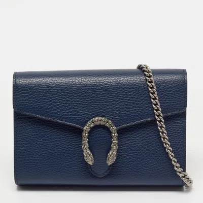 Pre-owned Gucci Crystal Dionysus Blue Leather Wallet On Chain