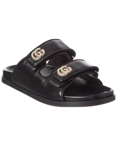 Gucci Crystal Double G Leather Sandal In Black