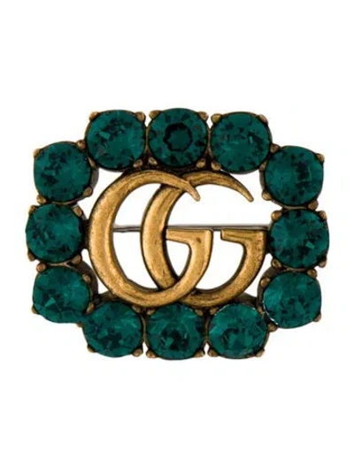 Pre-owned Gucci Crystal Double G Pin Brooch In Green