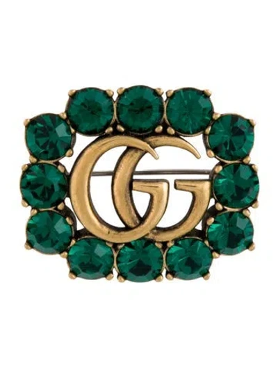 Pre-owned Gucci Crystal Double G Pin Brooch In Green