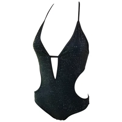 Pre-owned Gucci Crystal Embellished Cutout Black One Piece Bodysuit Swimsuit Swimwear